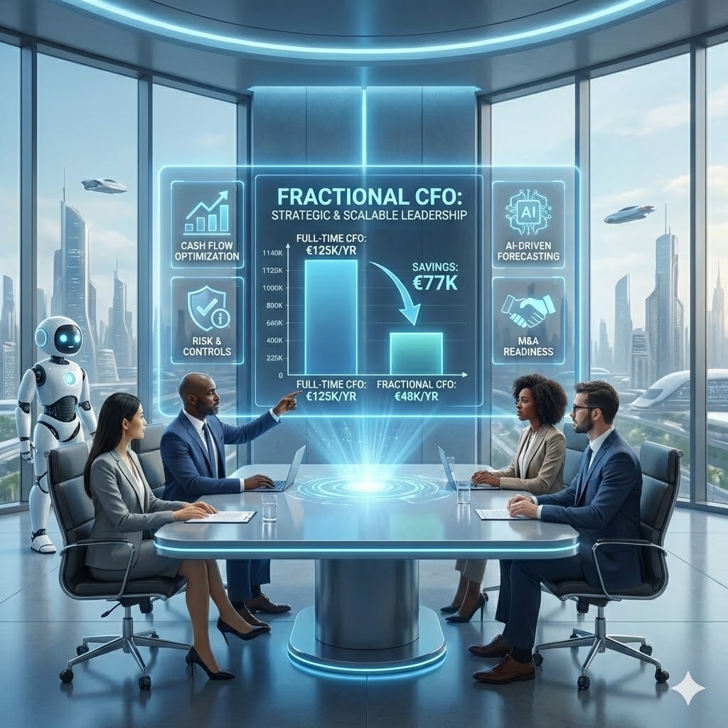 Financial boardroom display comparing the €125,000 cost of a full-time CFO to the €48,000 cost of a Wideal Oy Fractional CFO, showing €77,000 in annual savings