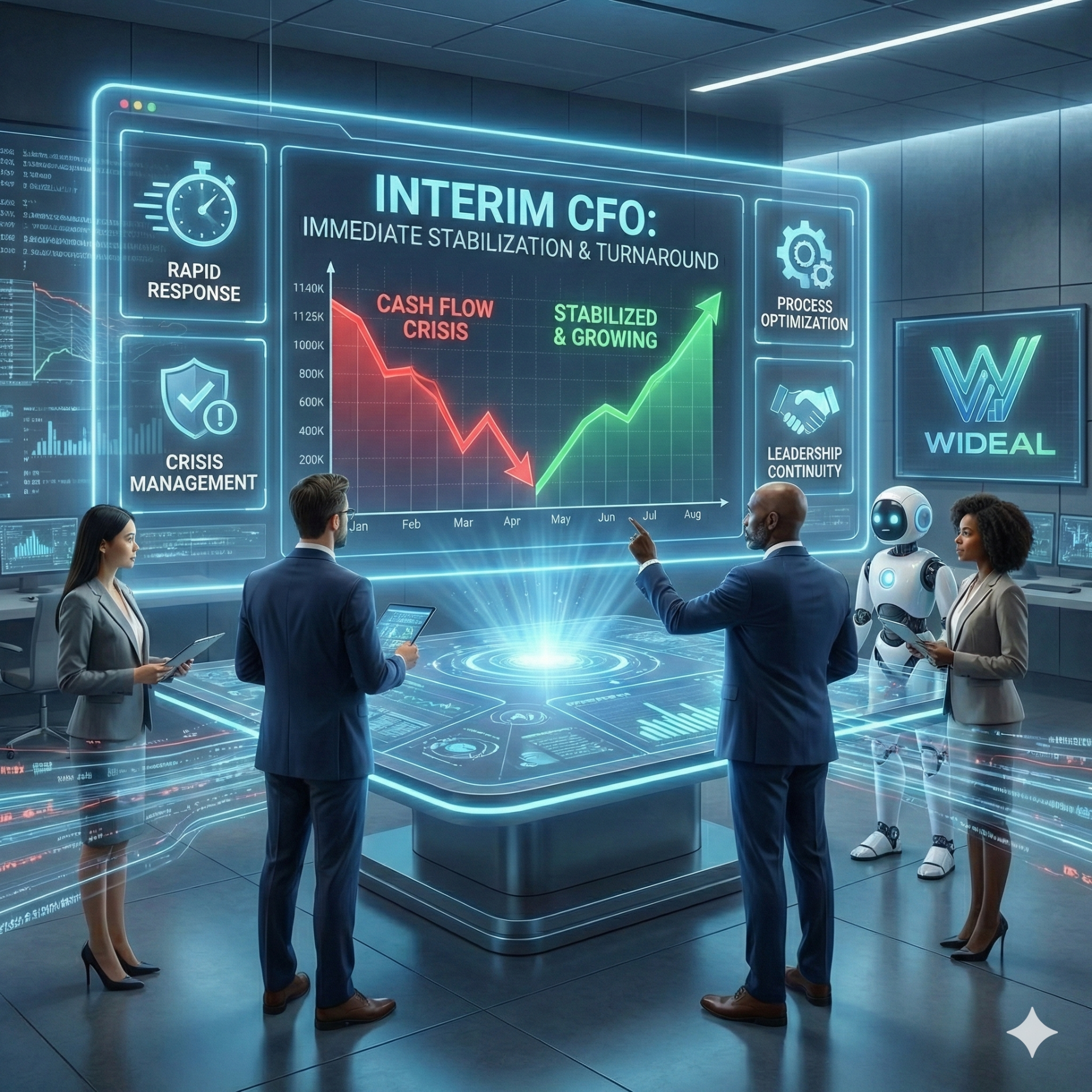 Financial performance chart showing a successful turnaround from a cash flow crisis to a stabilized and growing company by Wideal Oy.